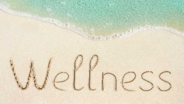 the word wellness written in the sand along the edge of the water