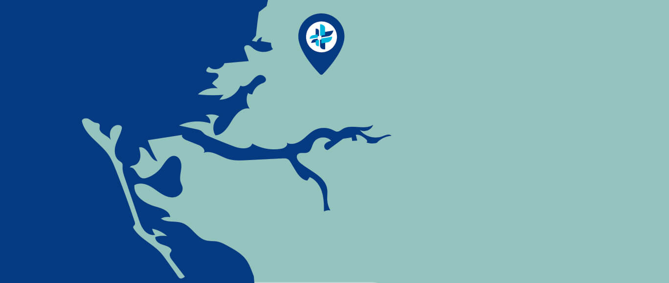 A map indicating position of BayCare Manatee Hospital and HealthHub