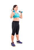 A woman is exercising with hand weights.