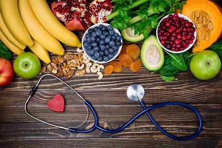 Food with stethoscope with a heart in the middle