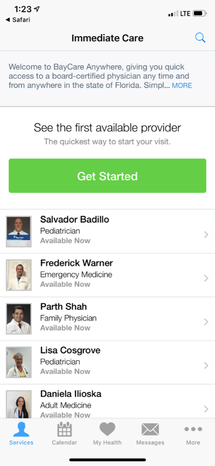 BayCareAnywhere screen for immediate care practice