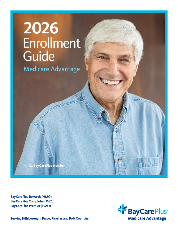 2026 BayCare Plus enrollment guide cover, showcasing the title and design elements related to enrollment information.
