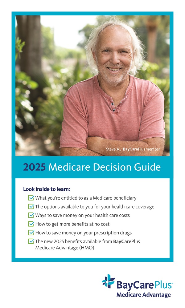 2025 Medicare Decision Guide: Image of a smiling man with a list of content available in the guide, such as ways to save money on your health care costs.