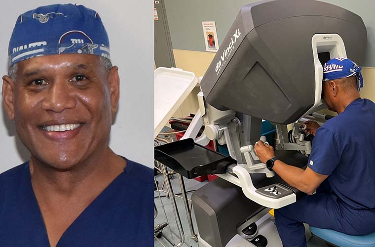 Dr. Tapper in blue medical scrubs and a surgical cap is operating a da Vinci surgical system. The image also includes a close-up portrait of the same individual smiling.