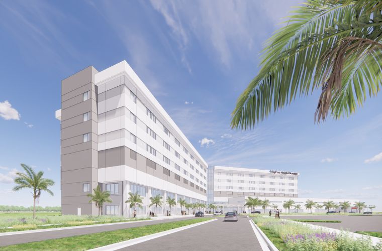 A rendering of a hospital which shows the exterior of the building.