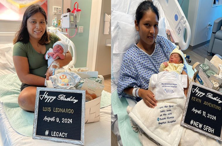 A photo collage shows two photos of moms smiling in hospital beds, holding their newborn babies wrapped in blankets with birthday signs in the lower right corner.