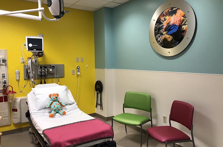 A colorful private room provides a child-friendly environment in the Mease Countryside Hospital Pediatric Emergency Room.