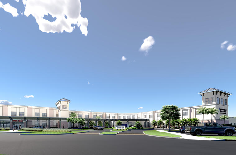A rendering showcasing the innovative design and sleek architecture of a hospital building that will undergo an expansion project.