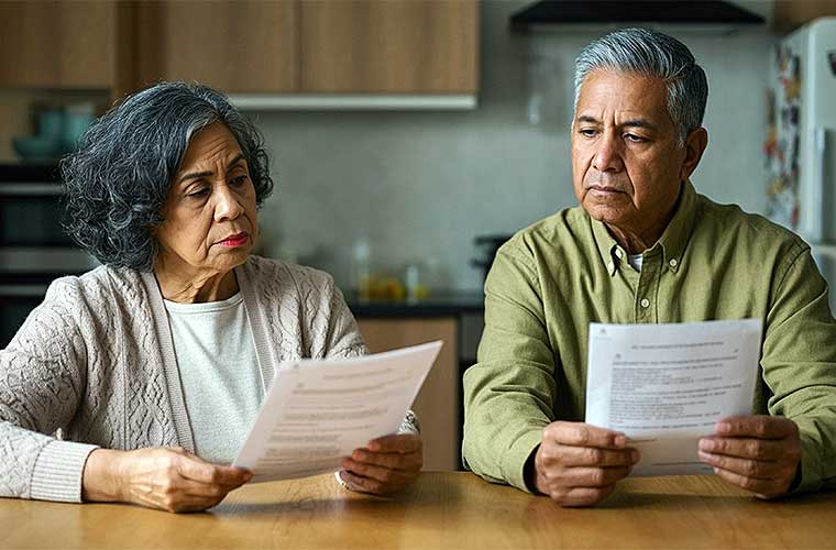 A Hispanic woman with gray hair and a Hispanic man with gray hair sit side by side at a kitchen table looking over documents.