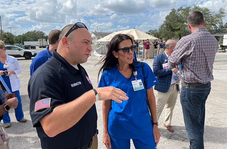 BayCare President and CEO Stephanie Conners and Ari S. Rubinstein, Emergency Operations Officer, Incident Management Team discuss how the Disaster Medical Assistance Team (DMAT) tent village will help the Tampa Bay community. 
