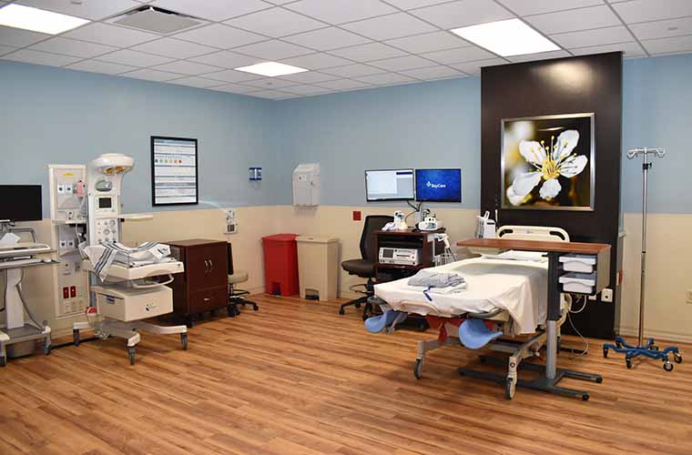 Interior view of a modern medical room furnished with two hospital beds, medical equipment, monitors, and chairs. The room features a calming blue wall color and a large photograph of a butterfly on the main wall.