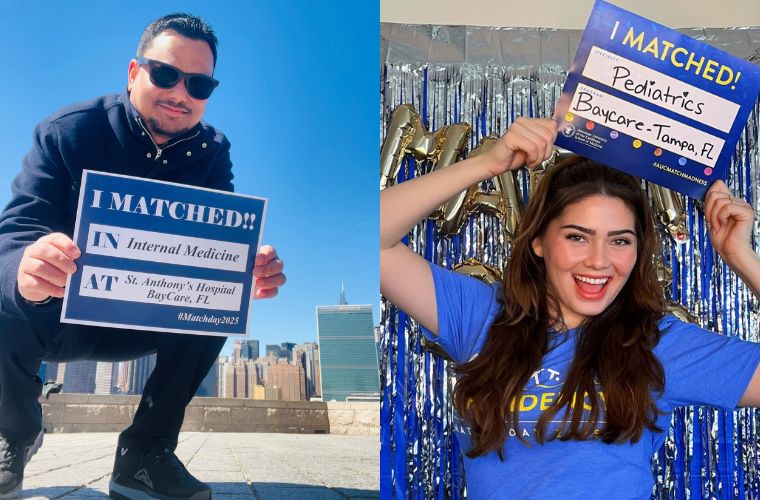 A collage of two individuals displayed side by side smiling, each holding a sign that reads "I matched."