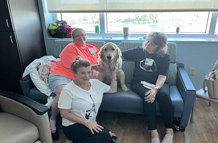 Three individuals sitting and one kneeling around a golden retriever in a room with a window. They appear cheerful. 