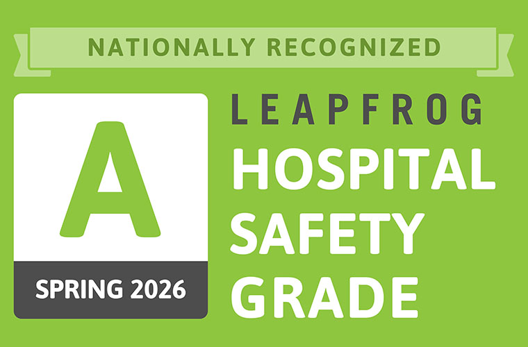 A logo for the Leapfrog Hospital Safety Grade showing an A rating for Spring 2026 on a green background.