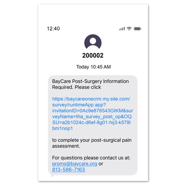 An image of a legitimate text message from the mobile short code 200002 with a request to fill out an Open Pain Assessment. 
