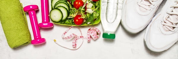 Healthy lifestyle, food, sport or athlete's equipment on bright background