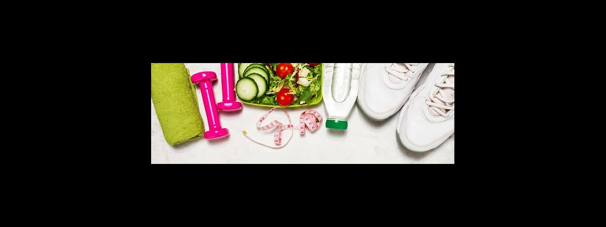 Healthy lifestyle, food, sport or athlete's equipment on bright background
