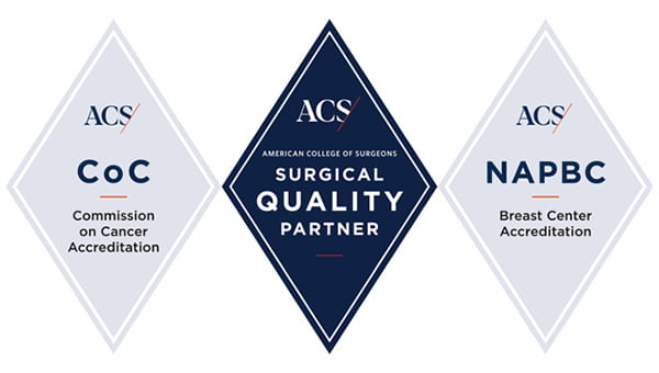 Accreditation seals from American College of Surgeons Commission on Cancer Accreditation, Surgical Quality Partner, and NAPBC Breast Center Accreditation