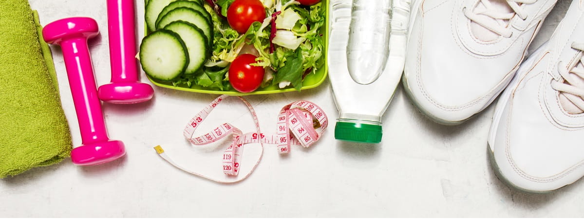 Healthy lifestyle, food, sport or athlete's equipment on bright background