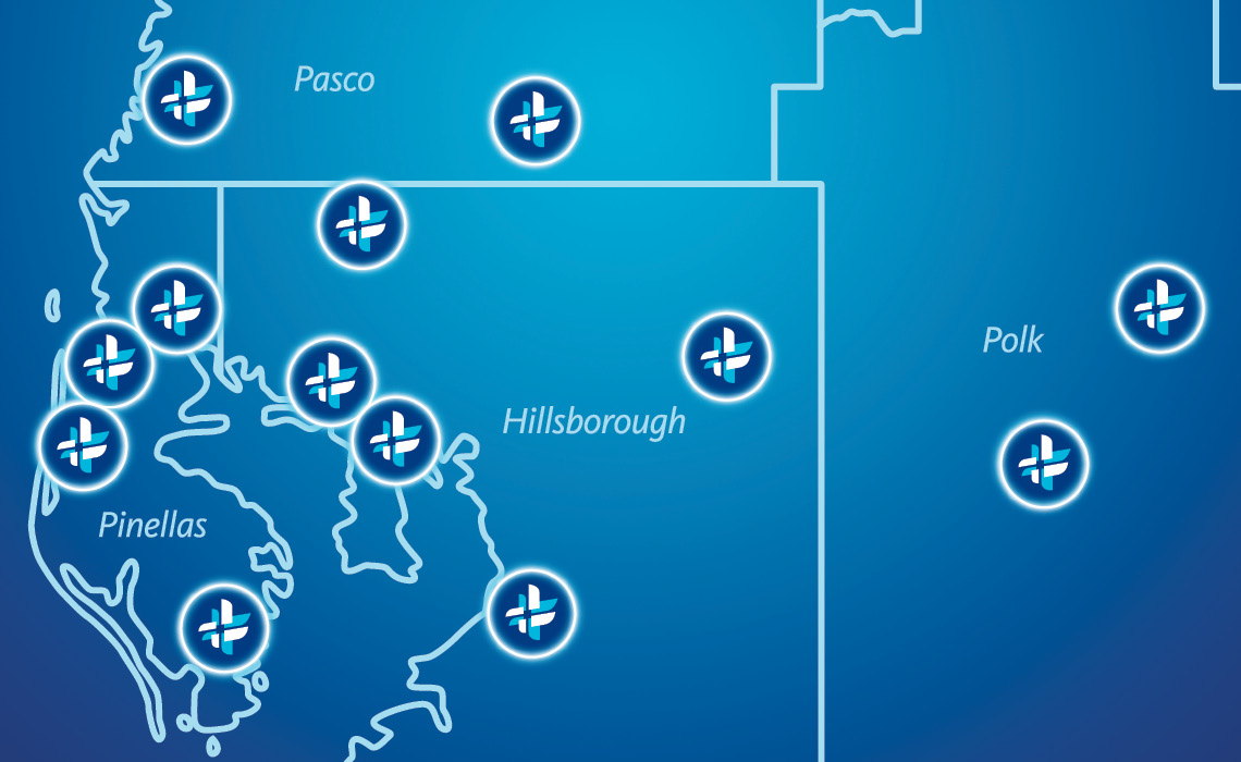Decorative Map with BayCare Locations indicated throughout west central Florida