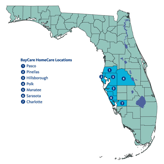 A map showing that BayCare HomeCare Services are located in Pasco, Pinellas, Hillsborough, Polk, Manatee, Sarasota and Charlotte counties in West Central Florida.