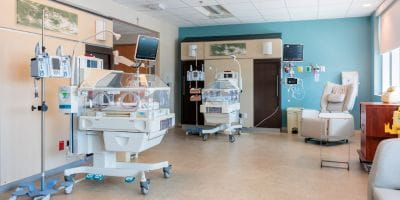 BayCare's St Joseph's Hospital North Hospital twins NICU room, with two NICU beds