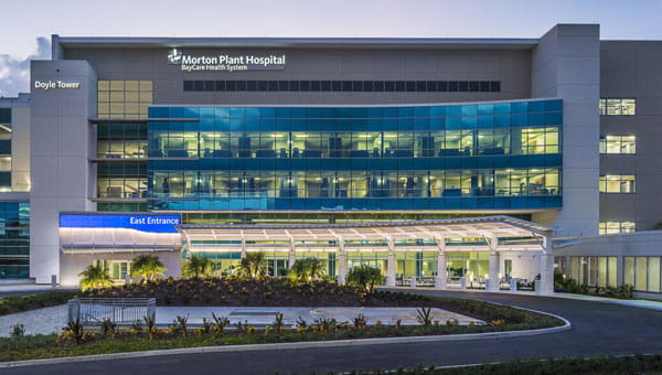 An exterior view of Morton Plant Hospital.